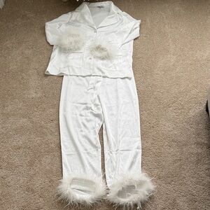 Nadine Merabi White Feather Trim Pajama Set